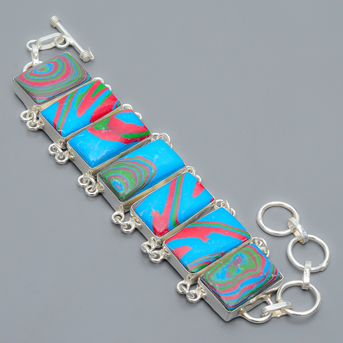 Rainbow Calsilica 925 Sterling Silver Link Bracelet 