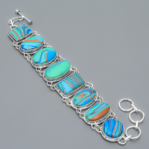 Rainbow Calsilica 925 Sterling Silver Link Bracelet 