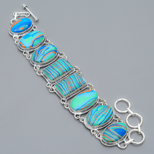 Rainbow Calsilica 925 Sterling Silver Link Bracelet 