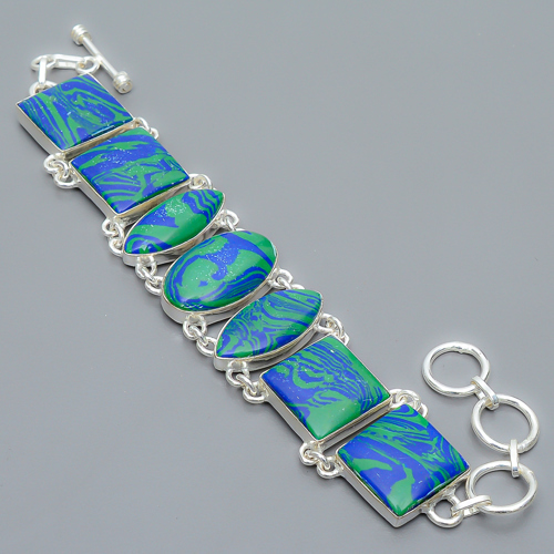 Azurite Malachite 925 Sterling Silver Link Bracelet 