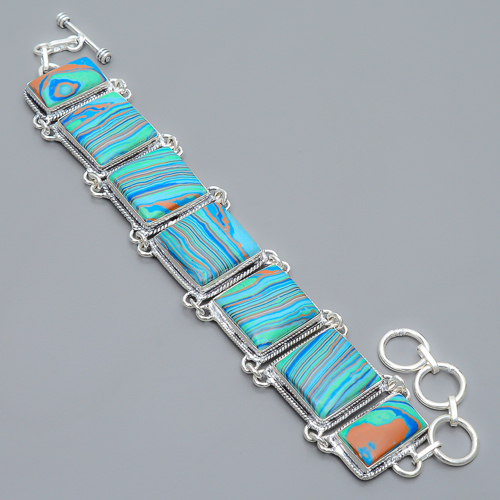 Rainbow Calsilica 925 Sterling Silver Link Bracelet 