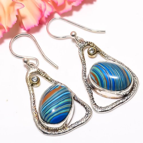 Rainbow Calsilica Designer Textured 925 Silver Earring 1.6" S279