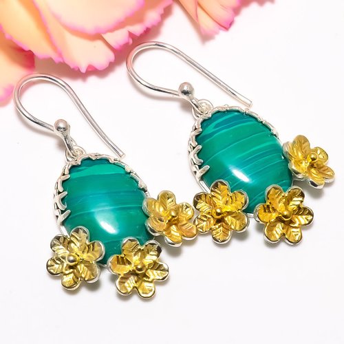 Malachite Gold Plated Two Tone 925 Sterling Silver Earring, Gift for her, Silver Jewelry Earring, Elegant Earring, Green Gemstone Earring, Drop/Dangle Earring