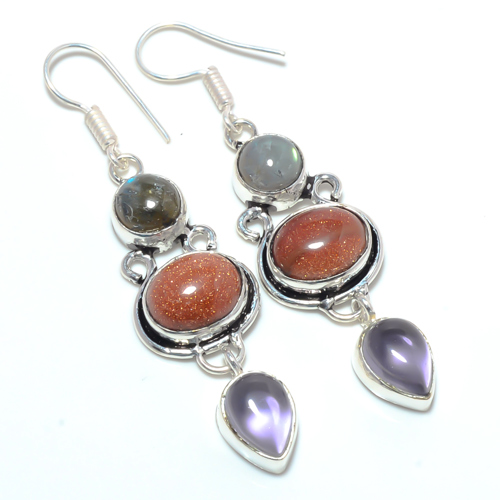 Golden Sunstone & Amethyst 925 Sterling Silver Earring, Gift for her, Silver Jewelry Earring, Elegant Earring, Golden Gemstone Earring, Drop/Dangle Earring