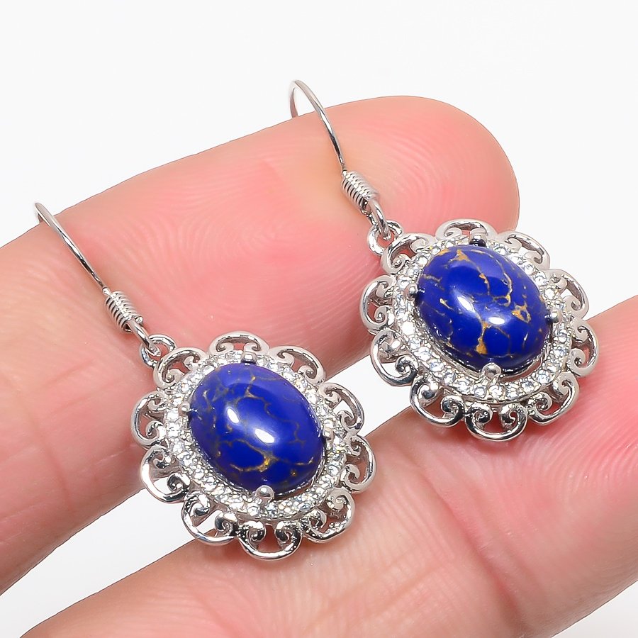Copper Lapis Lazuli & Cubic Zirconia 925 Silver Jewelry Earring 1.29"