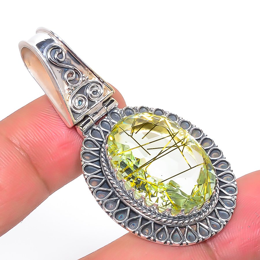 Golden Rutilated Quartz 925 Sterling Silver Pendant, Handmade Pendant, Oval Pendant, Golden Pendant, Unique Silver Pendant, Fine Pendant, Silver Jewelry Pendant