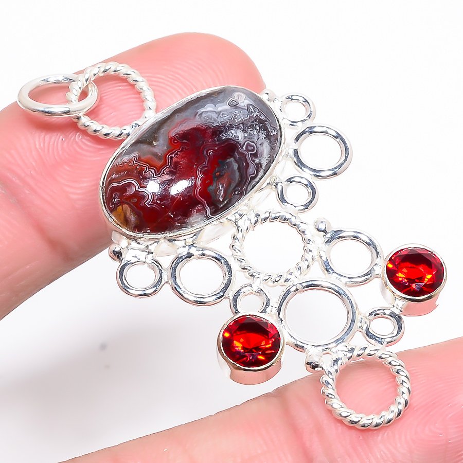 Laguna Lace Agate & Garnet 925 Sterling Silver Pendant, Handmade Pendant, Oval Pendant, Red Pendant, Unique Silver Pendant, Fine Pendant, Silver Jewelry Pendant