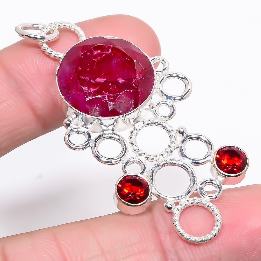 Ruby & Garnet 925 Sterling Silver Pendant, Handmade Pendant, Round Pendant, Red Pendant, Unique Silver Pendant, Fine Pendant, Silver Jewelry Pendant