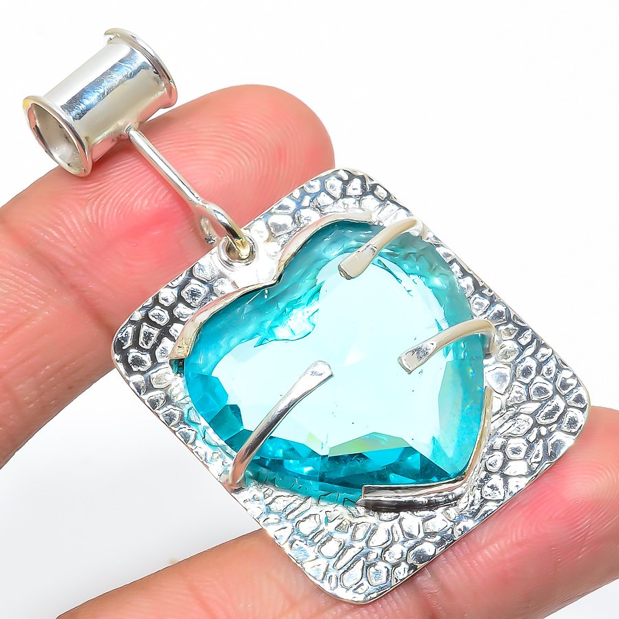 Blue Topaz 925 Sterling Silver Pendant, Handmade Pendant, Heart Pendant, Blue Pendant, Unique Silver Pendant, Fine Pendant, Silver Jewelry Pendant