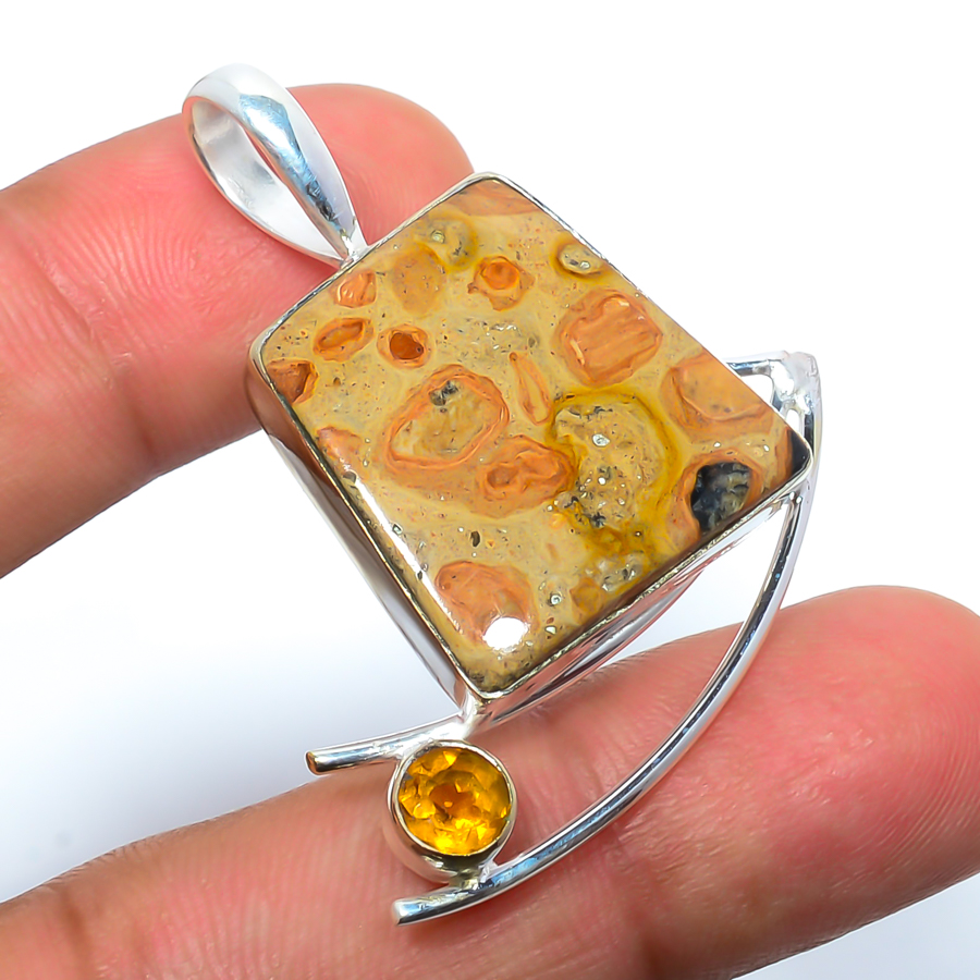 Bird Eye Jasper & Citrine 925 Sterling Silver Pendant, Handmade Pendant, Teapured Baguette Pendant, Yellow Pendant, Unique Silver Pendant, Fine Pendant, Silver Jewelry Pendant