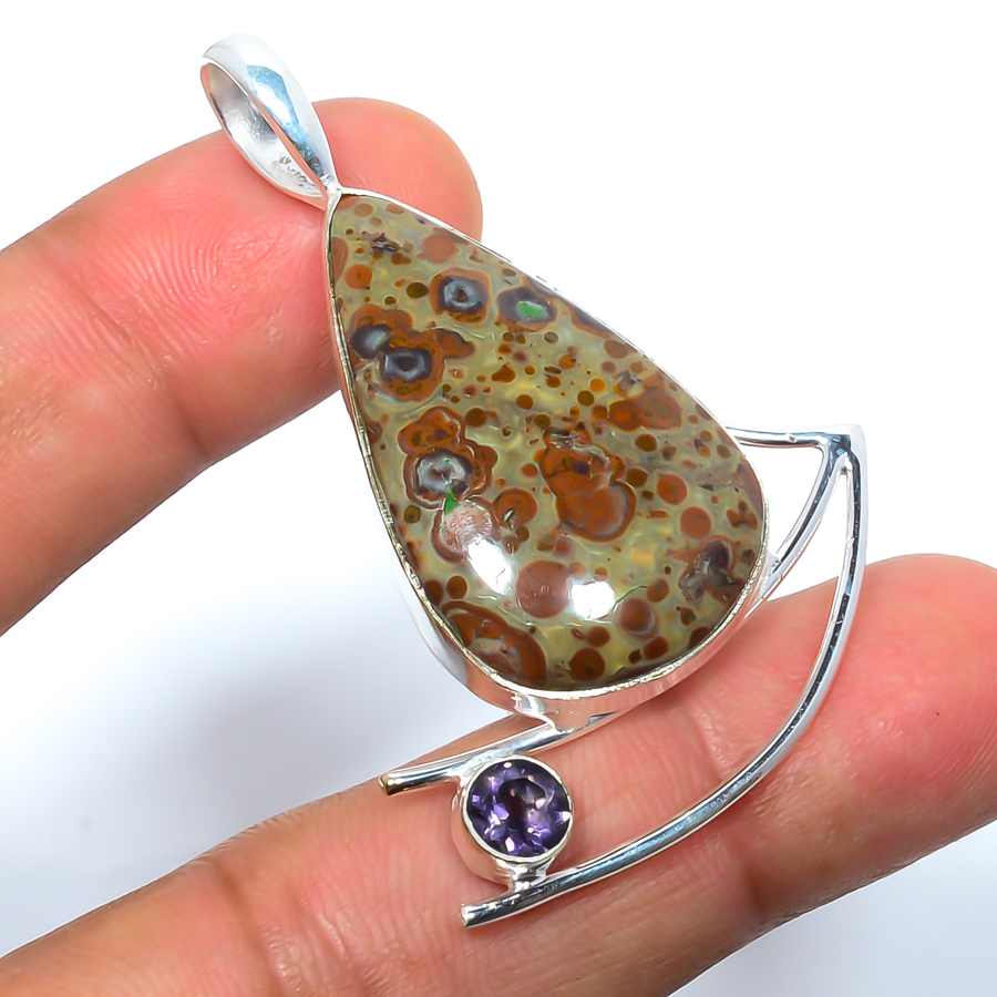 Leopard Skin Jasper & Amethyst 925 Sterling Silver Pendant, Handmade Pendant, Pear Pendant, Brown Pendant, Unique Silver Pendant, Fine Pendant, Silver Jewelry Pendant