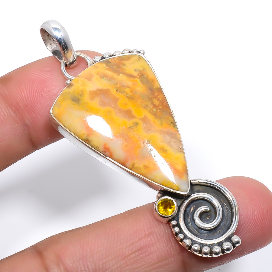 Bumble Bee Jasper & Citrine 925 Sterling Silver Pendant, Handmade Pendant, Trillion Pendant, Yellow Pendant, Unique Silver Pendant, Fine Pendant, Silver Jewelry Pendant