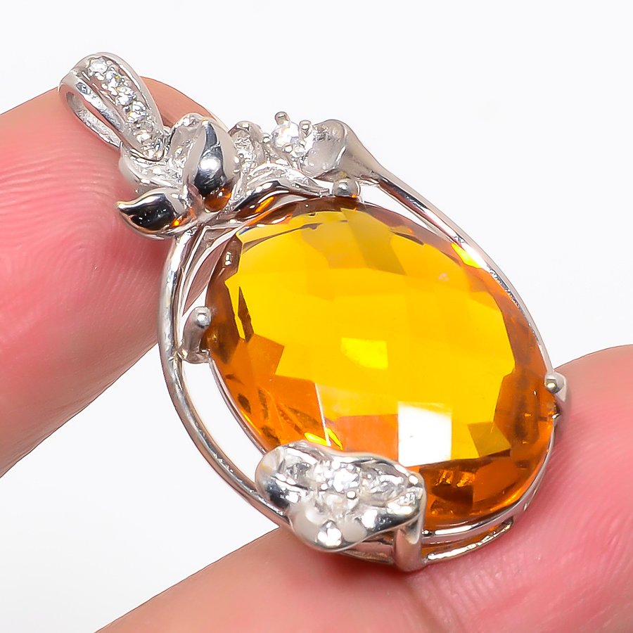 Citrine & Cz 925 Sterling Silver Pendant, Handmade Pendant, Oval Pendant, Yellow Pendant, Unique Silver Pendant, Fine Pendant, Silver Jewelry Pendant