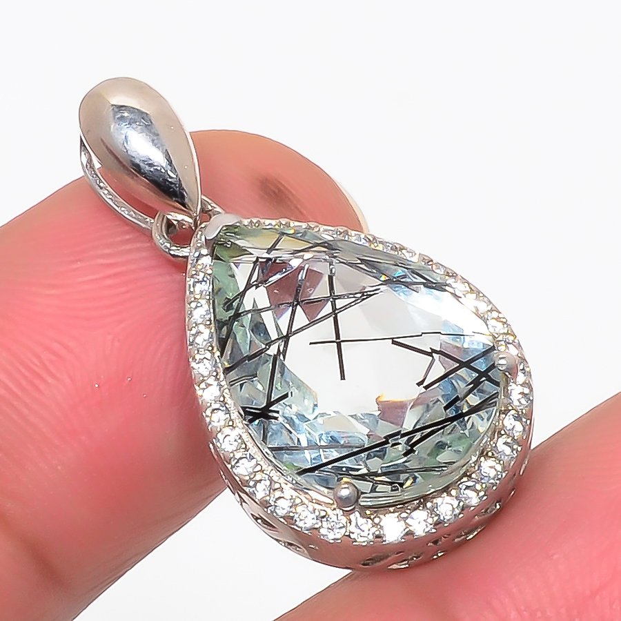 Black Rutilated Quartz & Cz 925 Sterling Silver Pendant, Handmade Pendant, Pear Pendant, Black Pendant, Unique Silver Pendant, Fine Pendant, Silver Jewelry Pendant