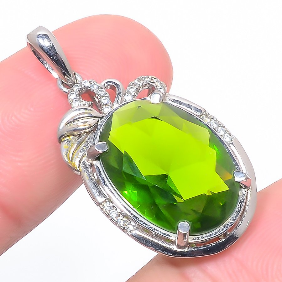 Peridot & Cz 925 Sterling Silver Pendant, Handmade Pendant, Oval Pendant, Green Pendant, Unique Silver Pendant, Fine Pendant, Silver Jewelry Pendant