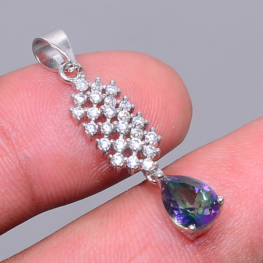 Rainbow Mystic Topaz & Cz 925 Sterling Silver Pendant, Handmade Pendant, Pear Pendant, Black Pendant, Unique Silver Pendant, Fine Pendant, Silver Jewelry Pendant