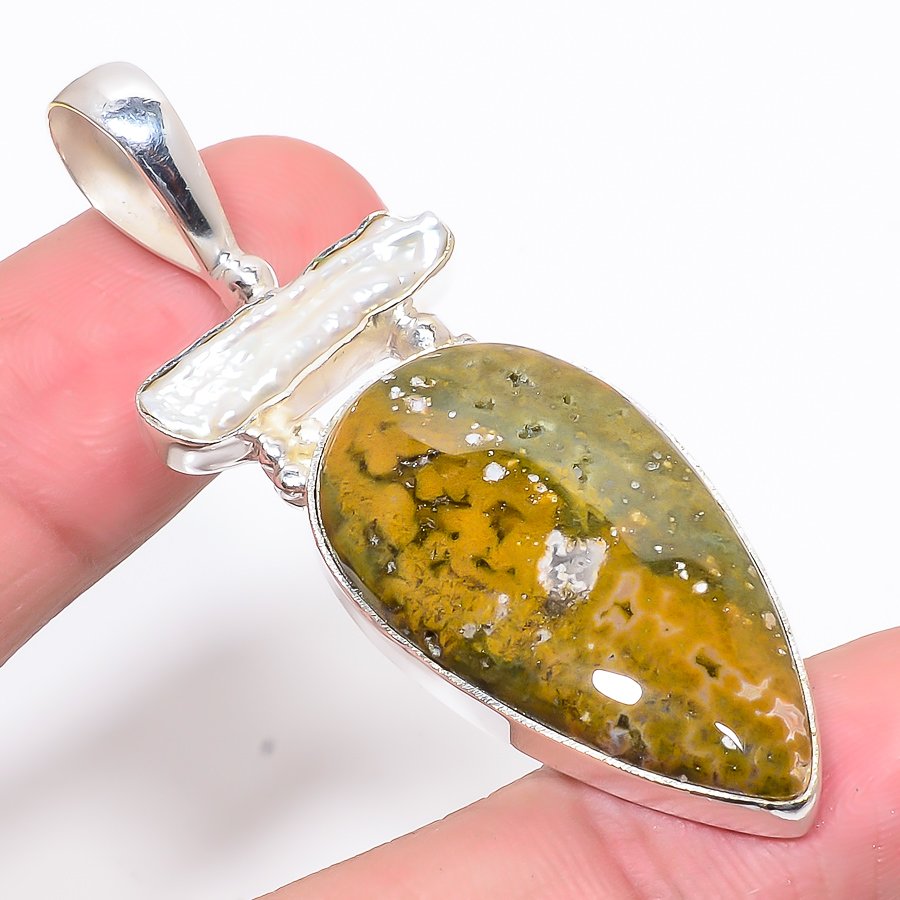 Ocean Jasper, Biwa Pearl 925 Sterling Silver Pendant, Handmade Pendant, Pear Pendant, Green Pendant, Unique Silver Pendant, Fine Pendant, Silver Jewelry Pendant