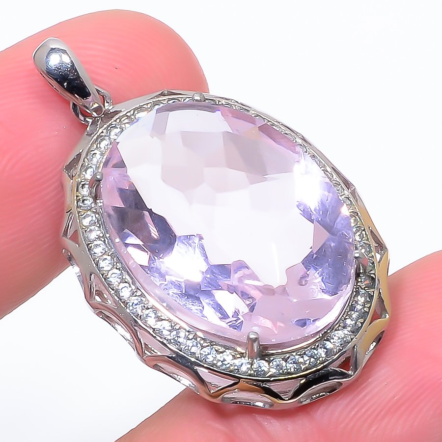 Rose Quartz & Cz 925 Sterling Silver Pendant, Handmade Pendant, Oval Pendant, Pink Pendant, Unique Silver Pendant, Fine Pendant, Silver Jewelry Pendant