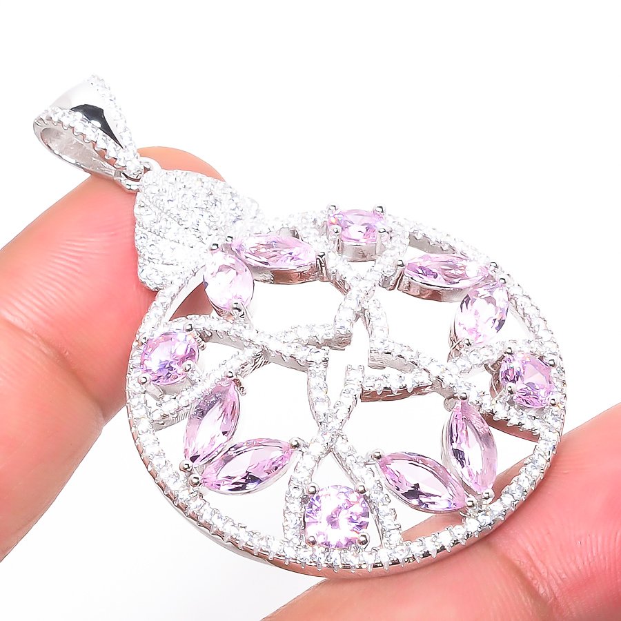 Rose Quartz & White Topaz 925 Sterling Silver Pendant, Handmade Pendant, Marquise Pendant, Pink Pendant, Unique Silver Pendant, Fine Pendant, Silver Jewelry Pendant