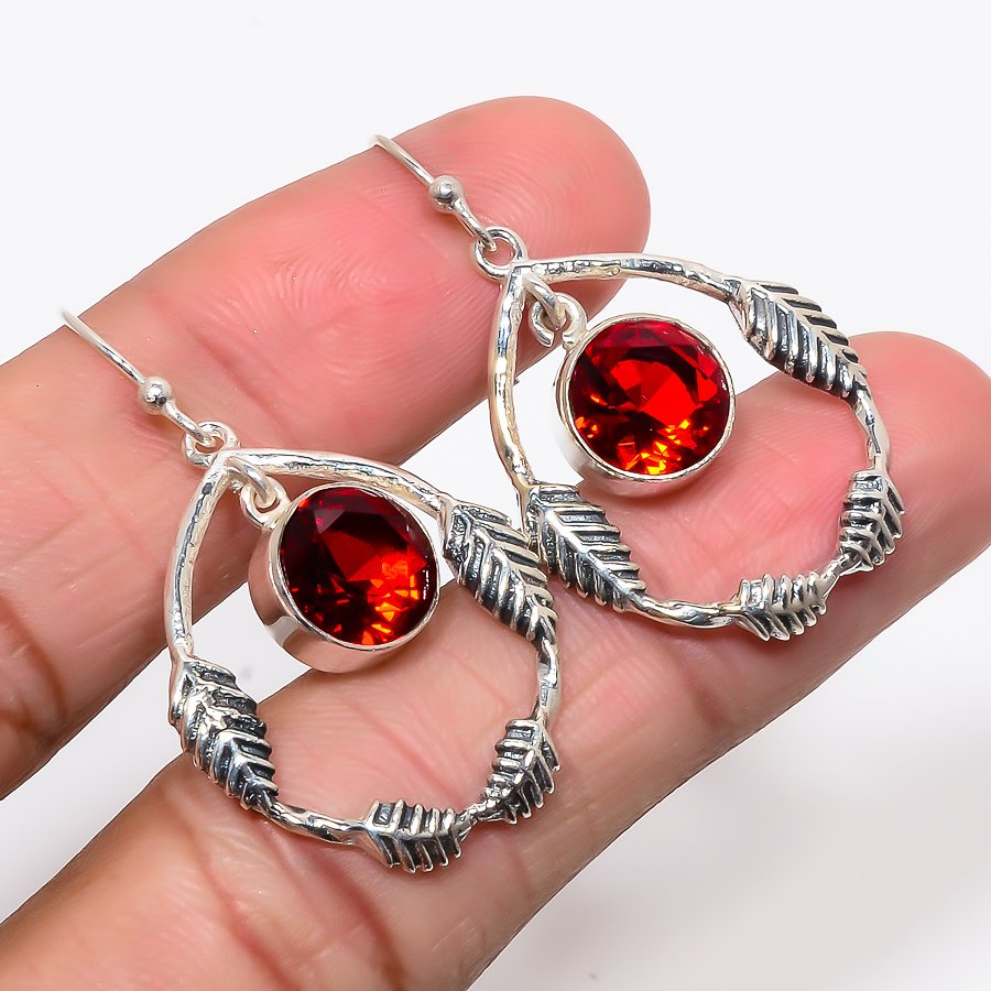 Mozambique Garnet 925 Sterling Silver Leaf Earring 1.58" (20)