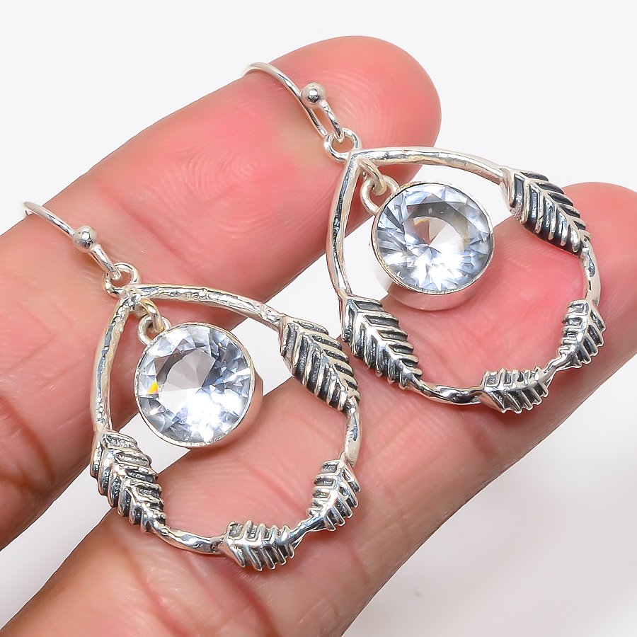 White Topaz 925 Sterling Silver Jewelry Leaf Earring 1.58" (43)
