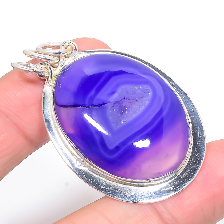 Purple Lace Geode Drusy 925 Sterling Silver Pendant, Handmade Pendant, Oval Pendant, Purple Pendant, Unique Silver Pendant, Fine Pendant, Silver Jewelry Pendant